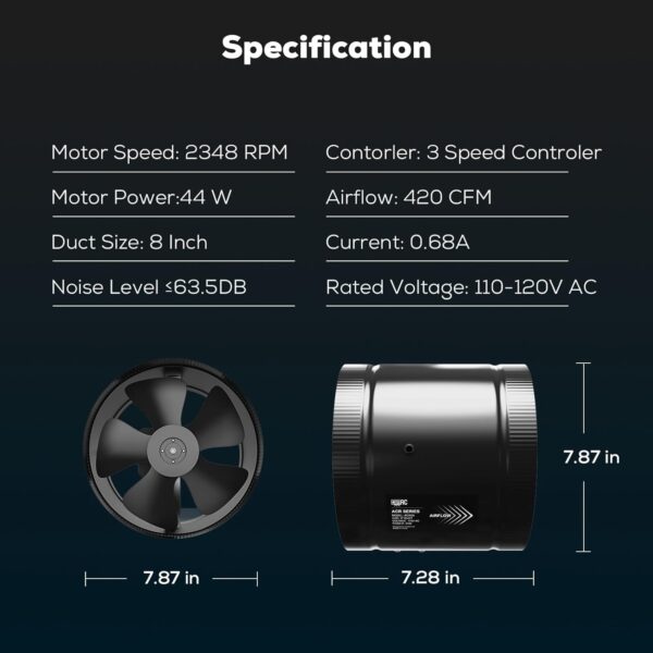 AITECAC 8" Inline Duct Fan with Speed Controller – 420 CFM High Airflow, Ultra-Quiet 63.5 dB for Grow Tents - Image 7