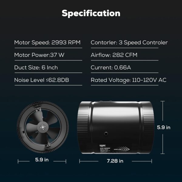AITECAC 6" Inline Duct Fan with Speed Controller - 282 CFM High Airflow for Grow Tents Ventilation Exhaust - Image 7